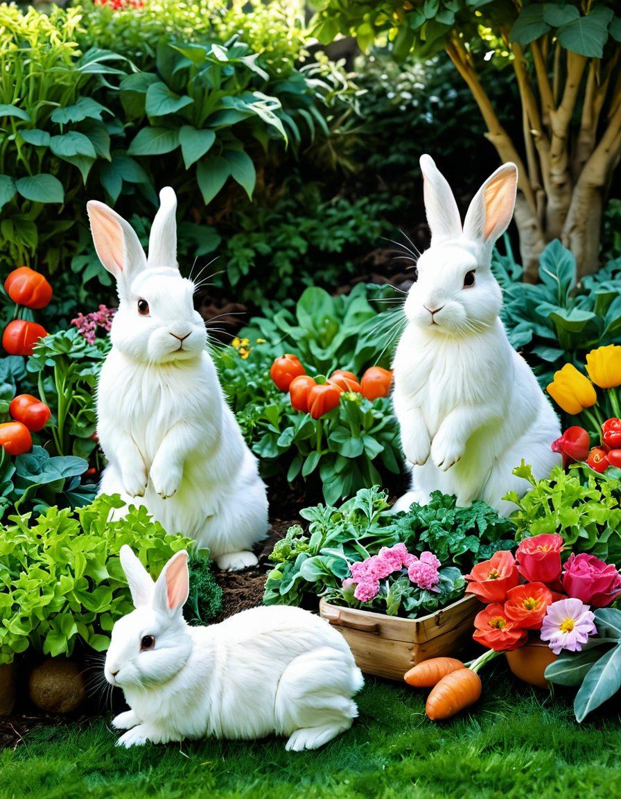 A serene and inviting scene showcasing various bunnies in a lush green garden, surrounded by grooming tools, fresh vegetables, and a cozy bunny bed. Brightly colored flowers and soft sunlight enhance the atmosphere of wellness and care. Some bunnies are happily munching on fresh greens, while others are being gently groomed. Illustrate a sense of harmony and happiness among the bunnies. super-realistic. vibrant colors. natural setting.