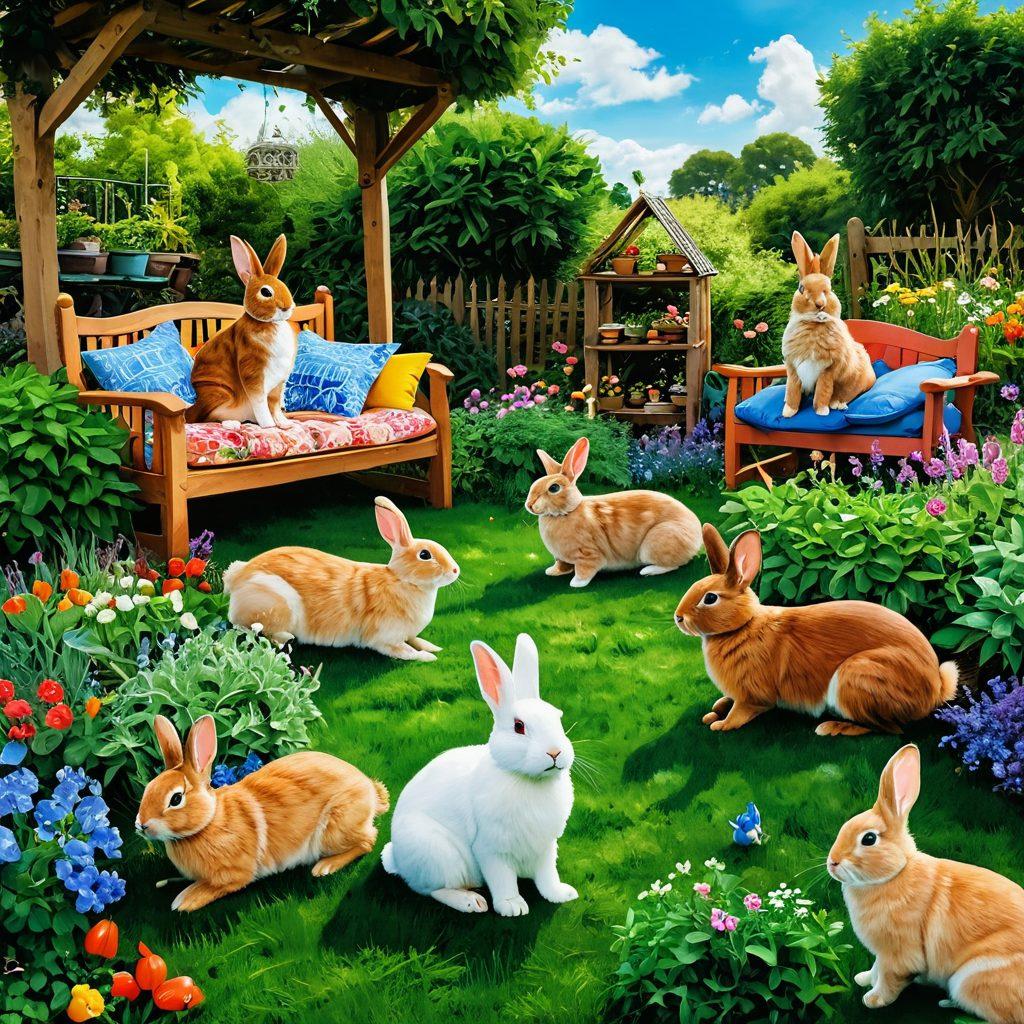 A cozy scene depicting a diverse group of pet owners joyfully engaging with their bunnies in a lush garden, showcasing a variety of bunny care supplies like cozy beds, fresh vegetables, and toys spread around. Colorful bunnies of different breeds hop around playfully, symbolizing a loving community. The background should feature a bright blue sky and flowering plants to evoke warmth and happiness. vibrant colors. super-realistic.