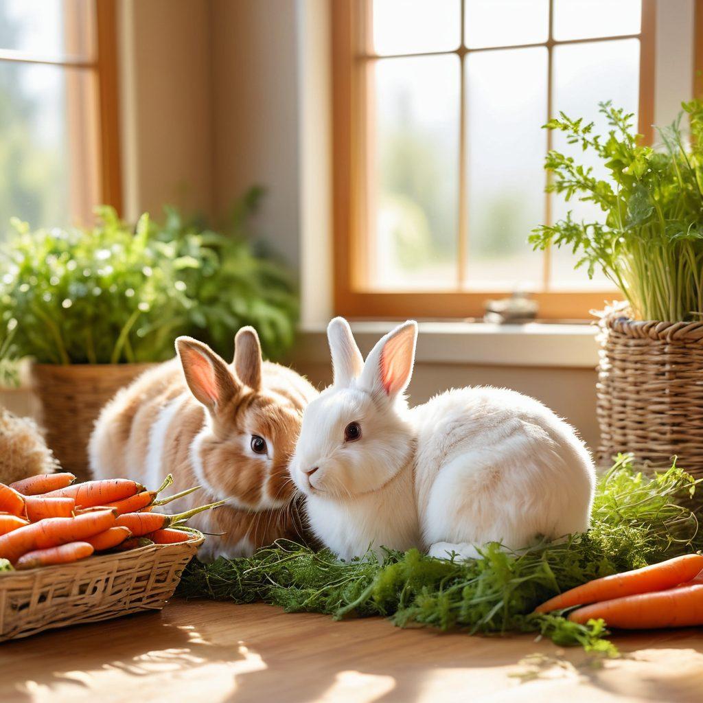 A cozy indoor scene featuring a pair of fluffy bunnies playing in a soft, green grass area, surrounded by care items like hay, a safe cage, and veterinary supplies. Bright sunlight streams through a window illuminating a basket filled with colorful carrots and fresh greens, showcasing a caring home environment. The bunnies appear joyful and healthy, embodying the spirit of companionship and wellness. super-realistic. vibrant colors. soft lighting.